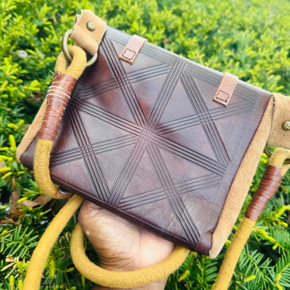 Brown Embossed Leather Crossbody Bag with Brass Accents - Picture 9 of 12